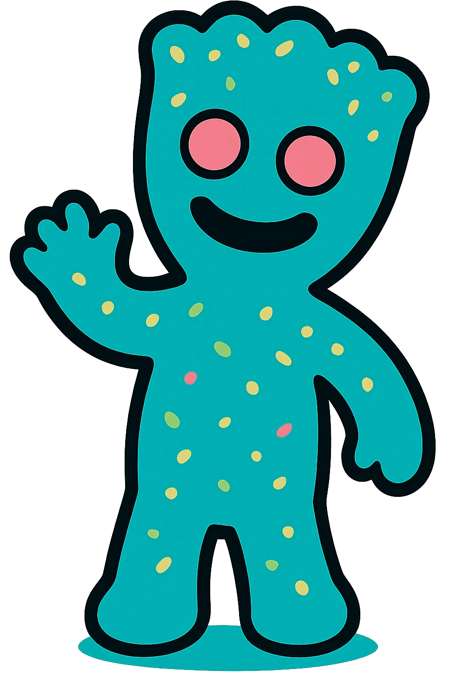 a sour patch kid character waving, vibrant candy colors, playful expression emoji