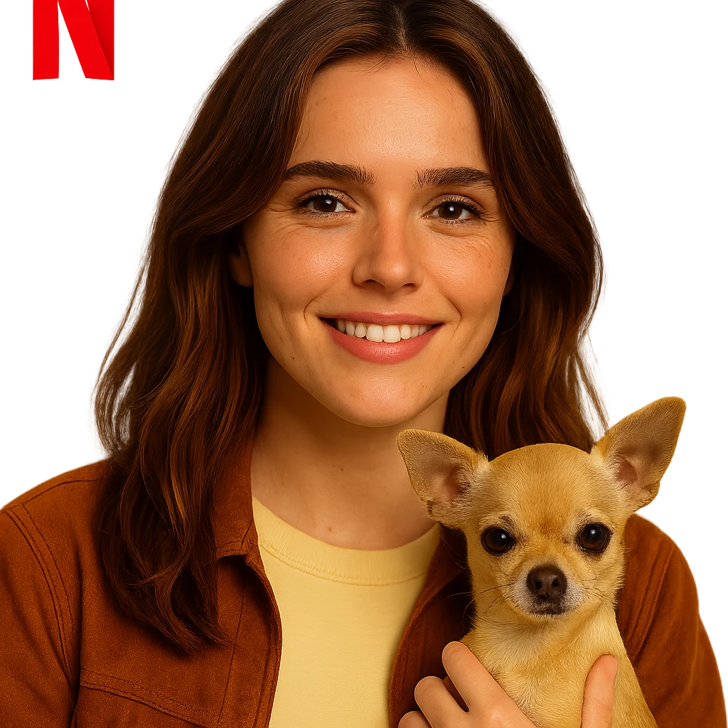 Portrait for Instagram profile inspired by the facial features visible in the reference images, with a tanned complexion, subtle freckles, wearing a shirt colored #FFF8CA and a rust-colored jacket, mid-length brown hair with auburn highlights, a joyful and knowing expression, holding a beige-brown chihuahua, in the style of a Netflix series, transparent background, intimate Tenerife ambiance. emoji