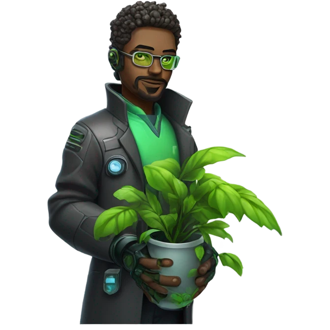 Cyberpunk scientist holding plant emoji