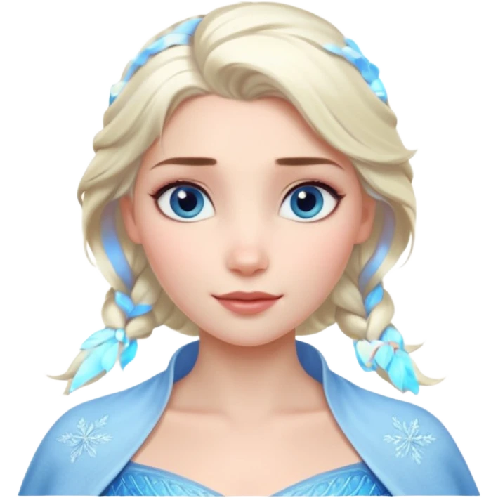 Кинематографический реалистичный портрет Эльзы с реалистичной текстурой кожи, мягким естественным освещением и изящно детализированными платиново-русыми волосами Её  выразительные голубые глаза излучают уверенность, спокойное выражение. Портрет отличается мягким чарующим сиянием с прохладной emoji