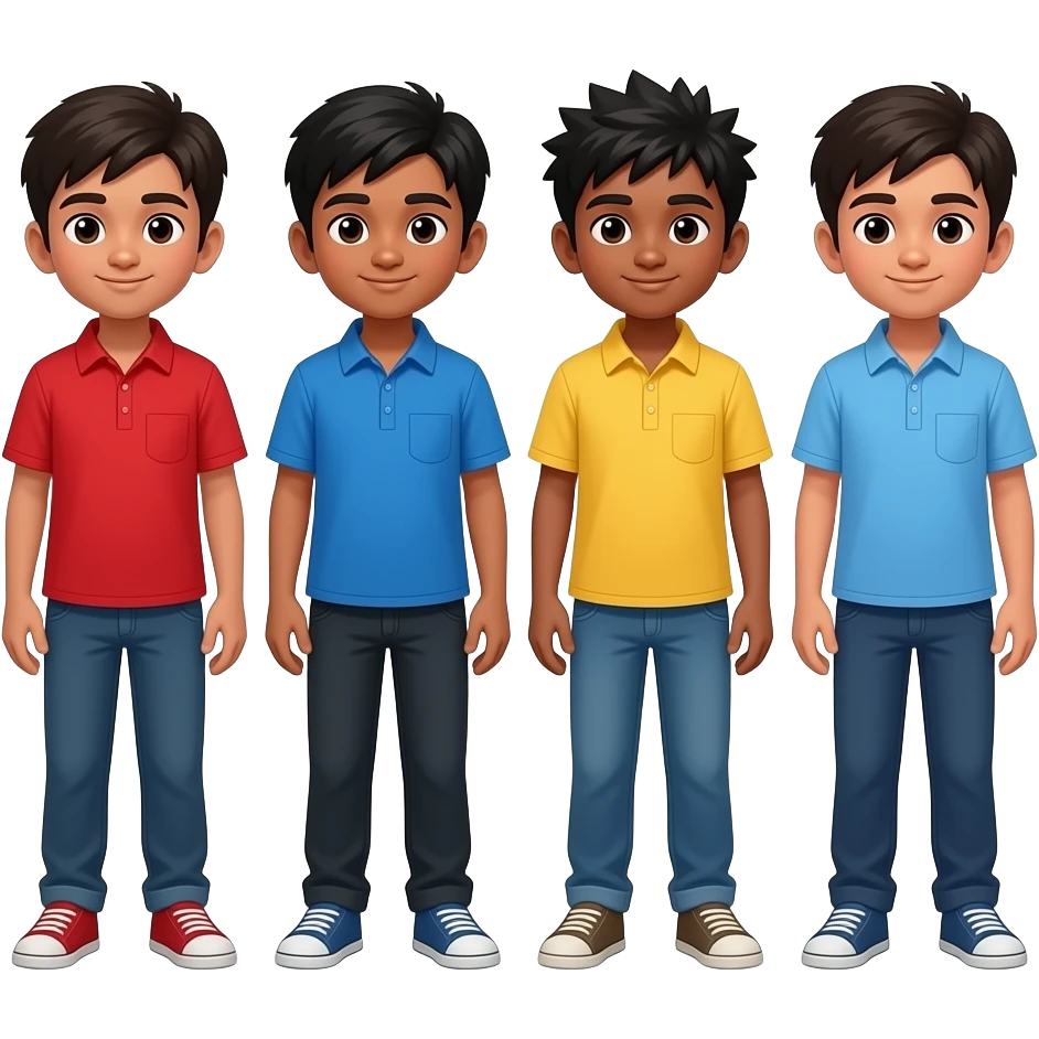 Si vous êtes content : Un garçon indien aux cheveux normaux portant une chemise rouge, un garçon indien aux cheveux raides portant une chemise bleue, un garçon indien aux cheveux hérissés portant une chemise jaune et un dernier garçon aux cheveux normaux portant une chemise bleue. garçon   une forêt emoji