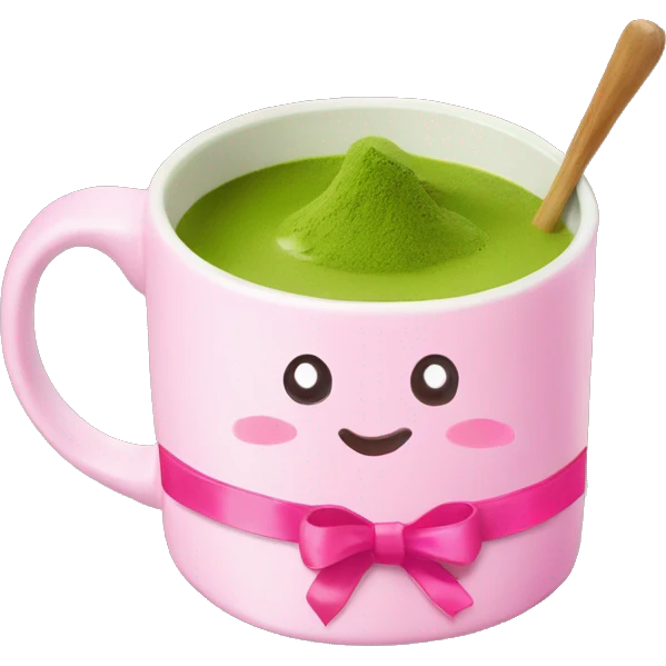 Matcha in a mug decorated with painted pink ribbons coquette emoji