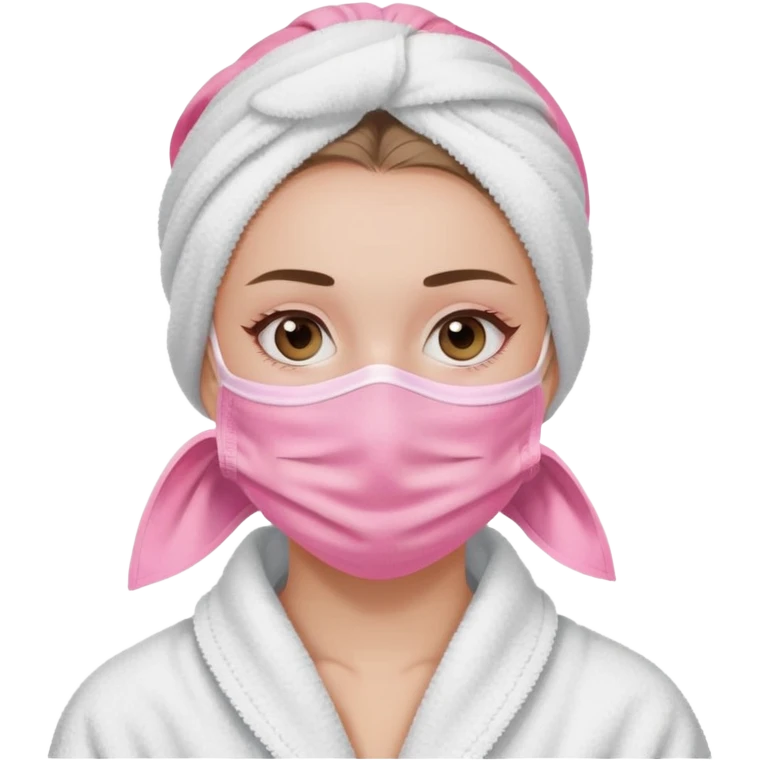 A girl with her hair tied back in a towel, her face is covered by a pink skin mask except for her eyes, nose and mouth, she is wearing a white coat  emoji