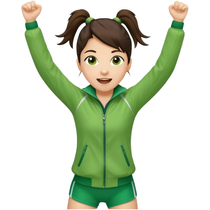 A brunette pony tail hair girl in a sporty green jacket, jumping slightly while cheering loudly. emoji