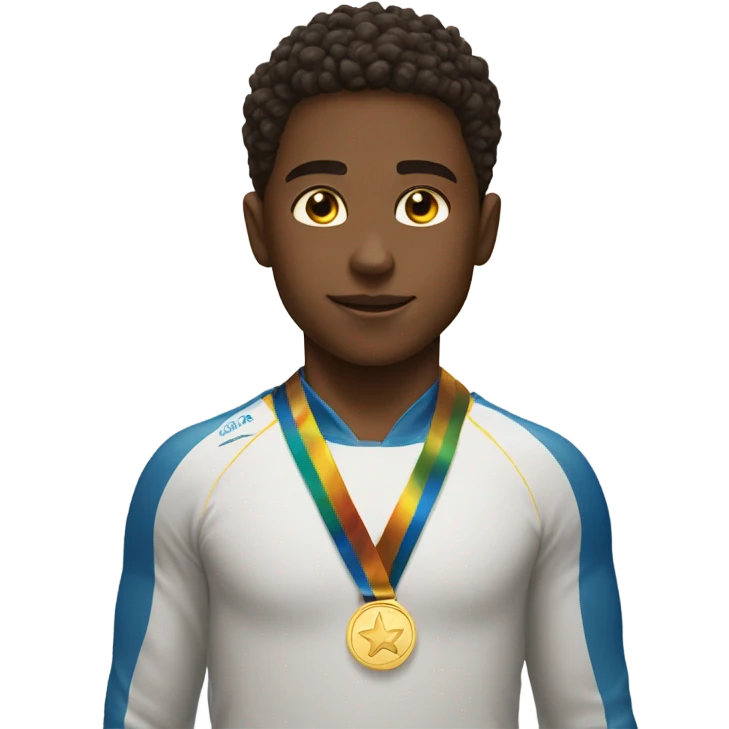 Boy with 5 of gold medals on his neck near the sailboat emoji