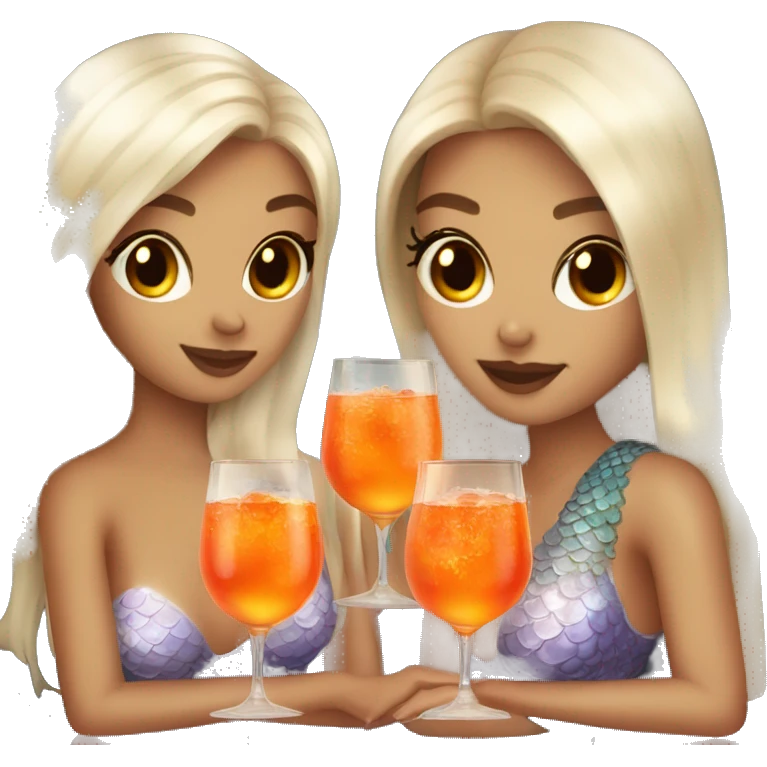 Three beautiful mermaids (light skin) drinking aperol emoji