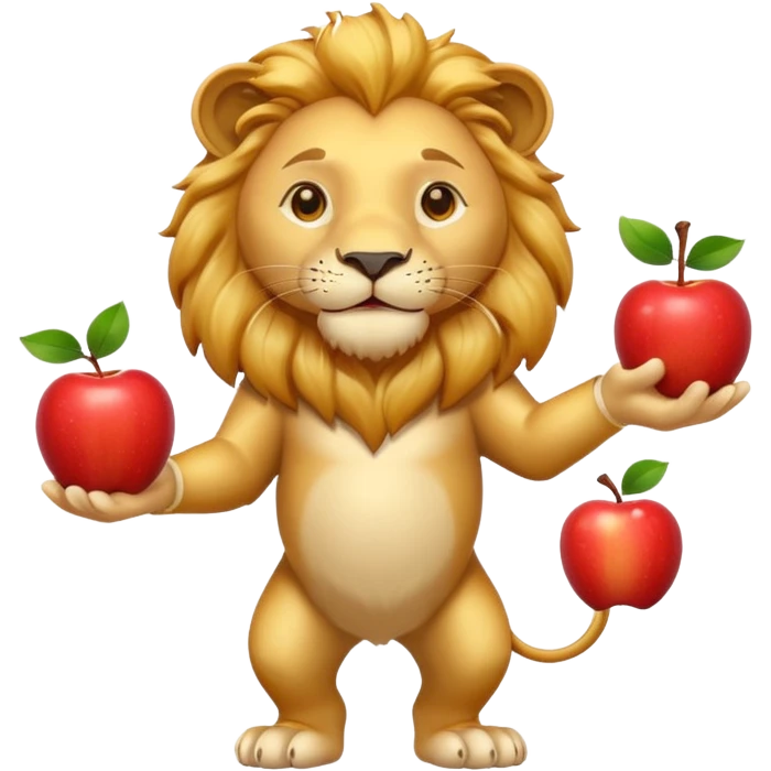 a Circus cute lion juggling two apple emoji