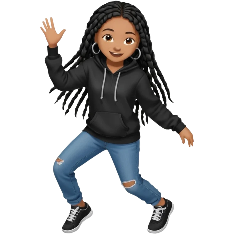 African American girl with long black box braids wearing a plain black hoodie wearing denim jeans and shoes dancing in music video emoji