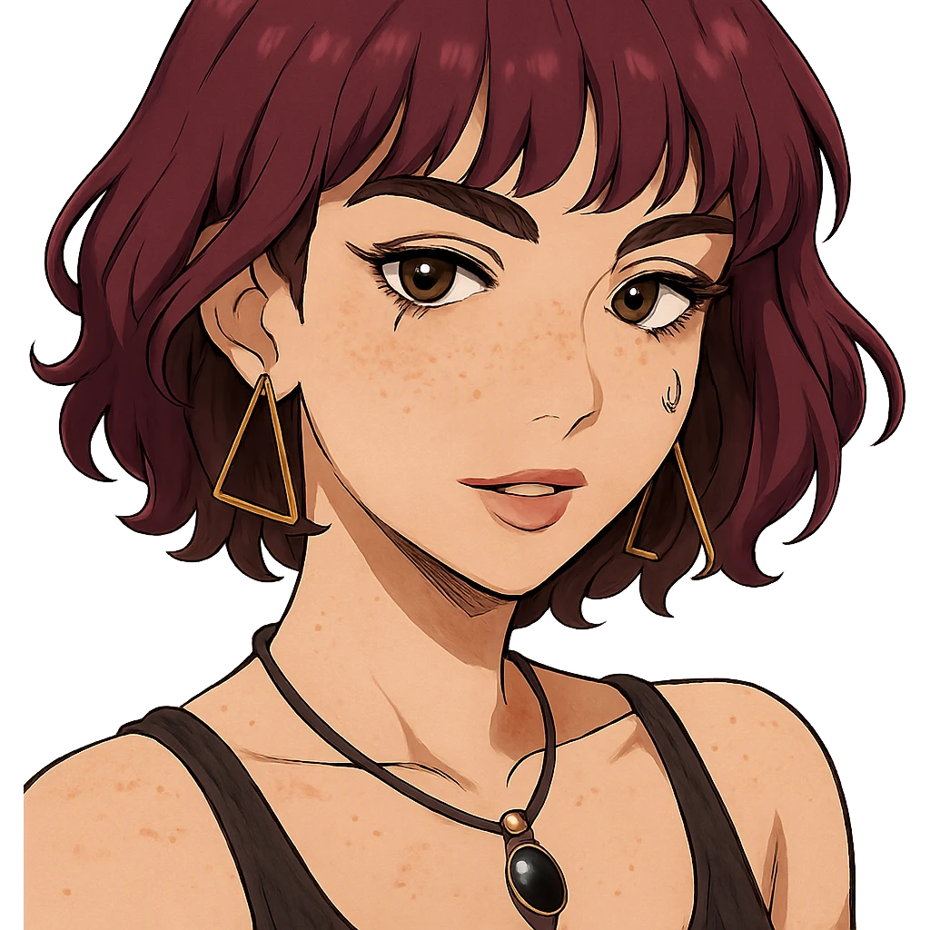 white woman with freckles, teardrop piercing, wavy wine purple hair, bangs at ear level, triangular hoop earrings, black stone necklace, tank top, thick eyebrows, large brown eyes, adult anime style, sensual emoji
