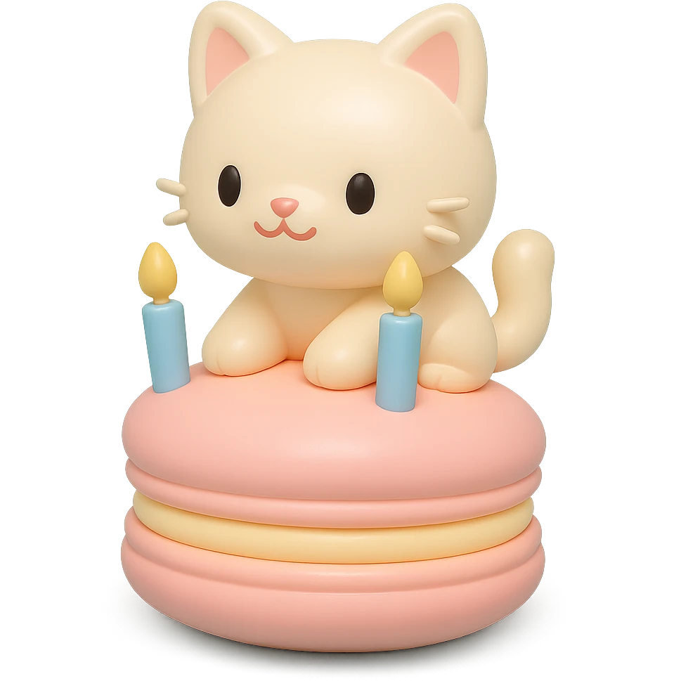 kitten riding giant macaron with candles, vinyl figure style emoji