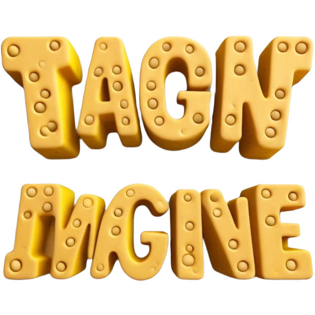 Create clean 4K high contrast and quality front view design with Futuristic Cool 3D Rough Text Letters "IMAGINE" Made of Clay with holes like a sponge, transparent background. emoji