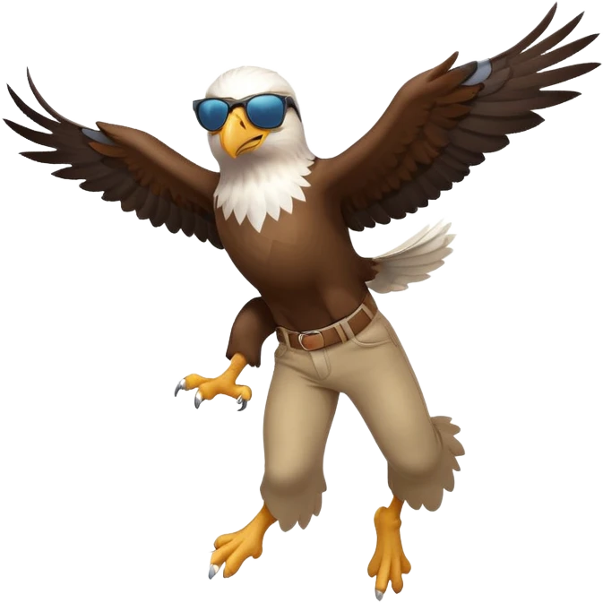 friendly anthropomorphised male eagle in a shirt and pants with sunglasses leaping energetic pose emoji