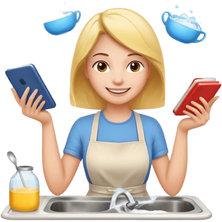 woman perfectionist with multiple arms texting a message wahsing dishes and reading a book 
more dinamic emoji  emoji
