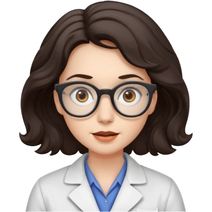 A crazy female scientist, with wavy dark brown hair, brown eyes and grey glasses and pale skin  emoji