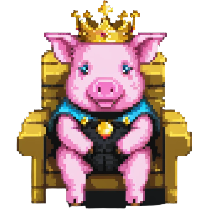 simple minimal pixel art pig with a golden crown sitting on a throne, blocky and square like Minecraft emoji