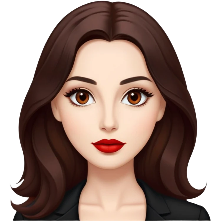 Professional actress with radiant fair skin, elongated face, large dark almond eyes with elegant makeup, defined eyebrows, full red lips, long dark straight hair with soft waves, wearing sophisticated black outfit, confident but approachable expression emoji