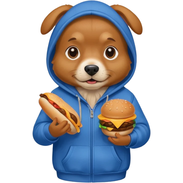 Dog wearing hoodie while holding hamburger emoji