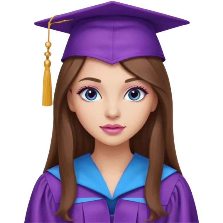 pretty girl with beautiful extremely long brown hair, blue eyes, long lashes makeup, sexy pink lips, wearing a purple and light pink graduation cap and gown emoji