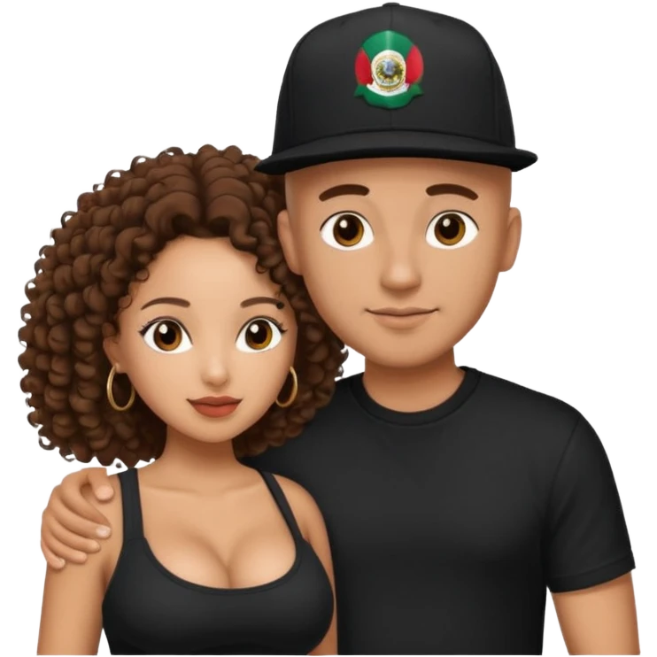 A picture of a loving tanned couple. the guy is Mexican, with a bald hair cut and he has a SnapBack hat on. The girl is mixed, the girl is wearing a black shirt, the girl has brown curly big hair and the girl has big boobs  emoji