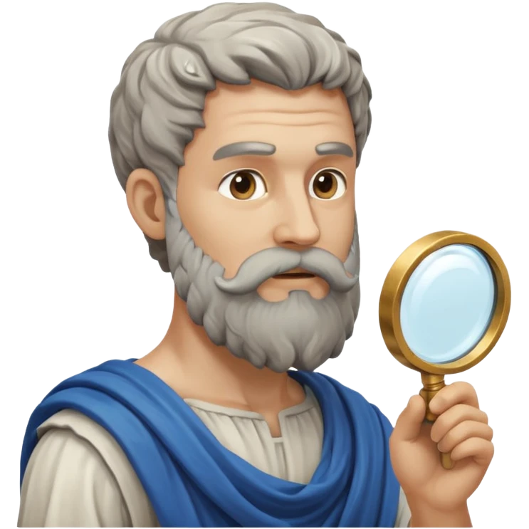 Dios griego con barba estilo estatua de color gris, de perfil mirando con una lupa de emoji