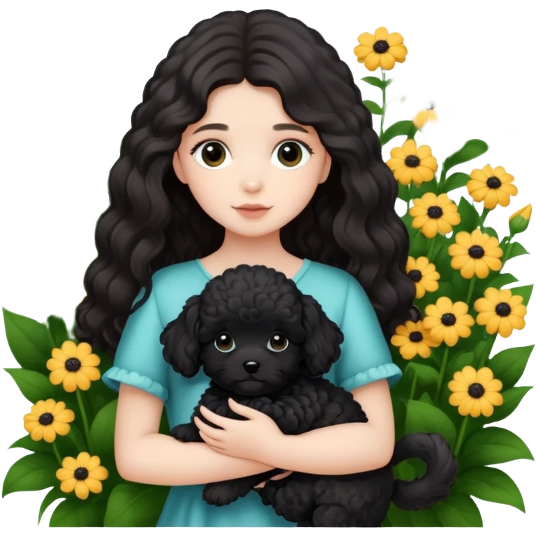 A long-haired girl holding a black maltipoo puppy in the flowers emoji