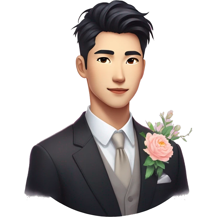 Gorgeous romantic anime style Asian formal modern gentlemanly guy with flowers and blushing face aesthetic trending style outside with colorful gradient bright light colors emoji