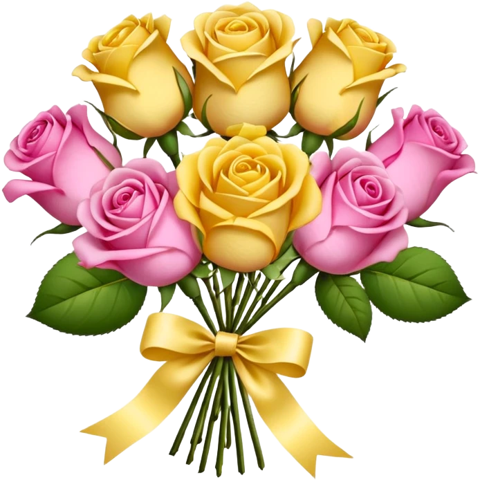 A bouquet of flowers, composed of pink and yellow roses, four blooms in total, tied with ribbon. emoji