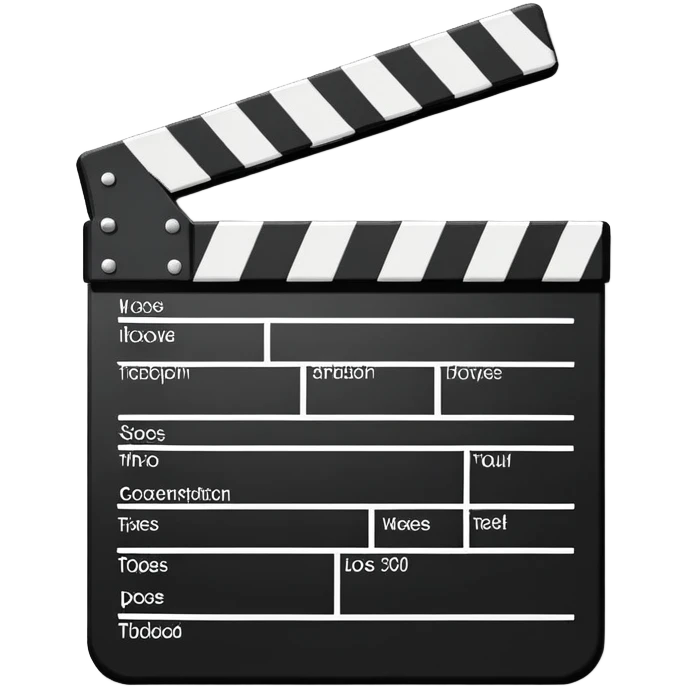 Flat design movie clapperboard with subtle shadow, black and white with minimal stripes, clean iOS emoji style emoji