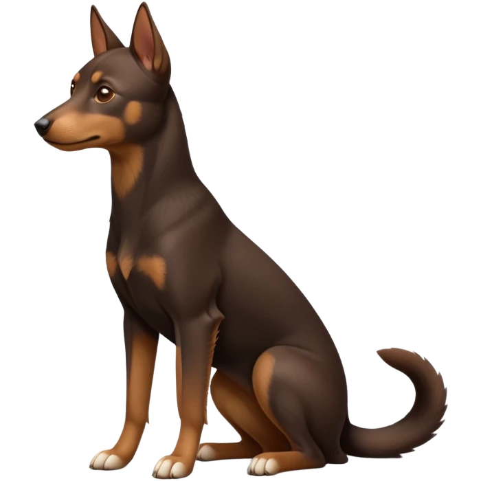 cinematic-[australian kelpie]-realistic-full-body-sitting-emoji,-tail-resting-loosely-beside-its-paws,-head-tilted-dramatically, -sleek-[Brown and tan]-fur,-simplified-yet-realistic-focused-features,-highly-detailed,-glowing-with-an-almost-sarcastic-glow emoji