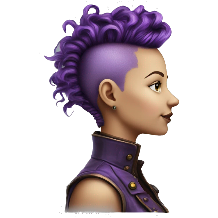 Photorealistic steampunk profile short mohawk purple wavy  on Caucasian girl with small nose round face emoji