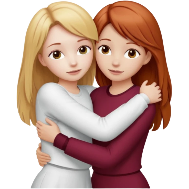 two girls who hug eachother. one has auburn hair with blonde highlights and very pale skin, other has medium-fair skin and blonde hair. first one is wearing white outfit and the second one is wearing a burgundy outfit emoji