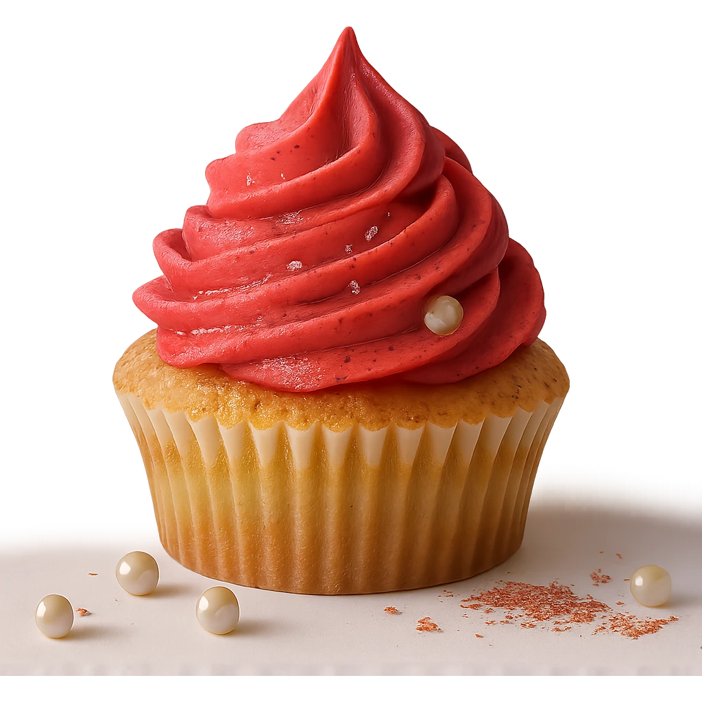 Change the icing to strawberry flavor, keep the realistic cupcake and accessories, photorealistic style, transparent background. Maintain the realistic look and details of the cupcake and accessories while changing the icing to strawberry. emoji