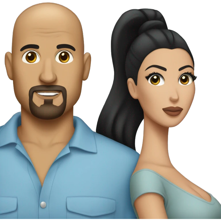 Bald man with goatee in blue shirt holding Kim kardashian with dark hair emoji