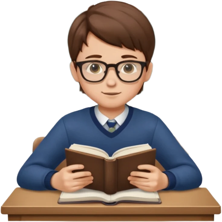 Boy with glasses sitting at school reading with his back to the camera emoji