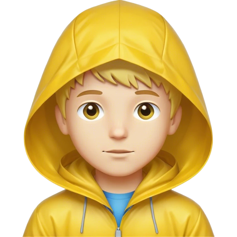A beautiful, Caucasian boy wearing a yellow raincoat and a raincoat hood on his head emoji