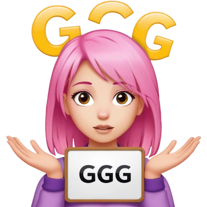 girl with pink hair holding a sign above her head. the text on the sign says 'GG' in a big font emoji