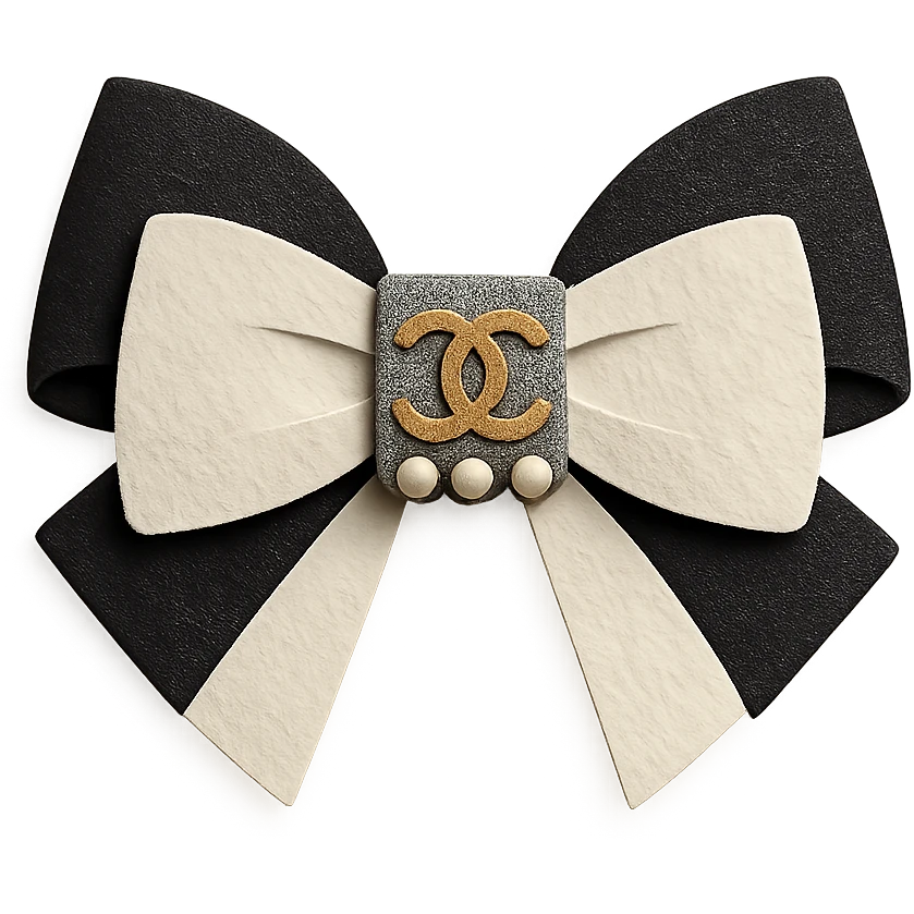 elegant bow with pearls and gold Chanel logo, glossy, black and white emoji