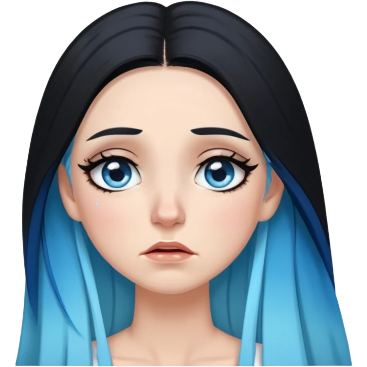 White female-crying small tears-gorgeous face-sky blue eyes with black eyeliner-very very long straight black to sky blue hair ombre-dressed as a goa emoji