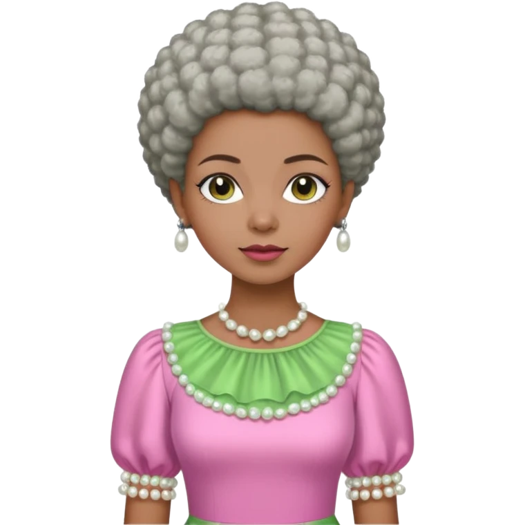 Pretty Brown woman with a very very short stylish gray Afro  wearing pink and green dress  and pearl blouse with sleeves emoji