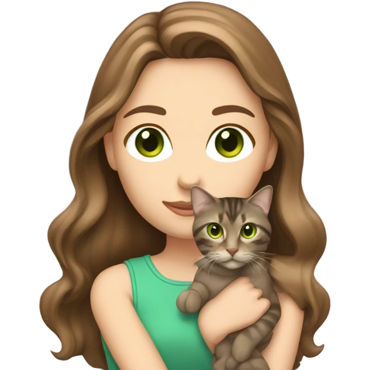Caucasian women with long brown hair and brown eyes holding a tabby cat with green eyes emoji