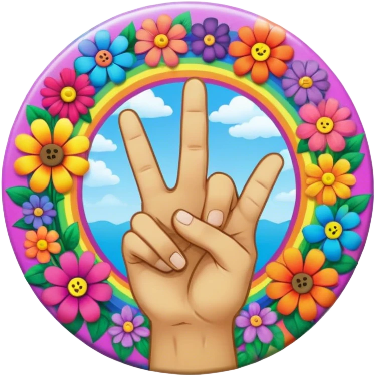 A round psychedelic colored button with a hand making the peace sign in the center surrounded by rainbow colored hippie style flowers emoji