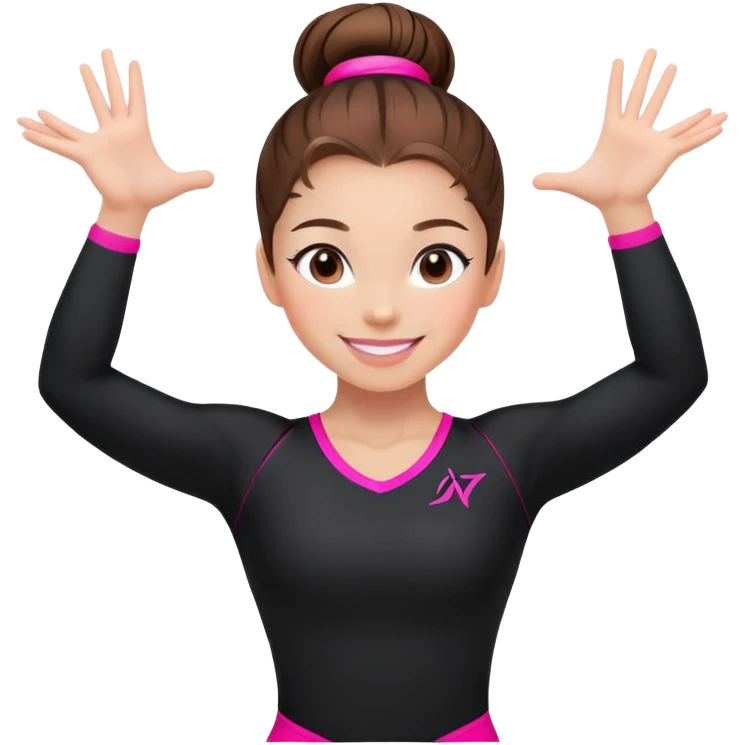 Happy female gymnast with brown hair in a neat bun, wearing a black uniform with neon pink elements. emoji