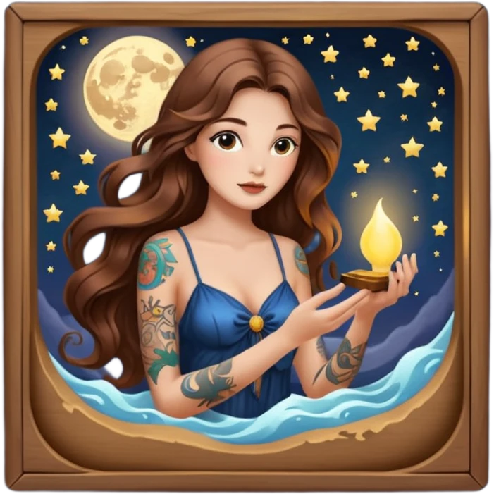 moon mystic woman long wavy brown hair tattoos opening tiny light box emoji
