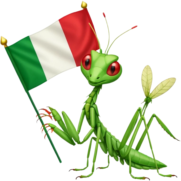 A happy praying mantis holding and a Italian and Myanmar flag  emoji