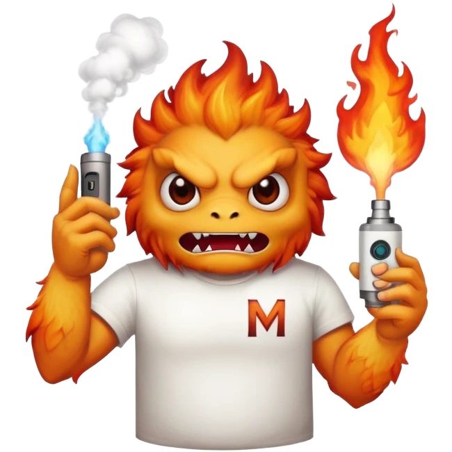 A fire monster wearing a white t shirt with the letter "M" and a vape in his hand  emoji