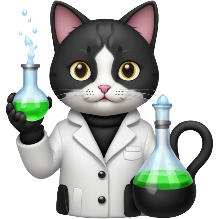 Sleek cat wearing a white coat, paw on a bubbling flask. emoji