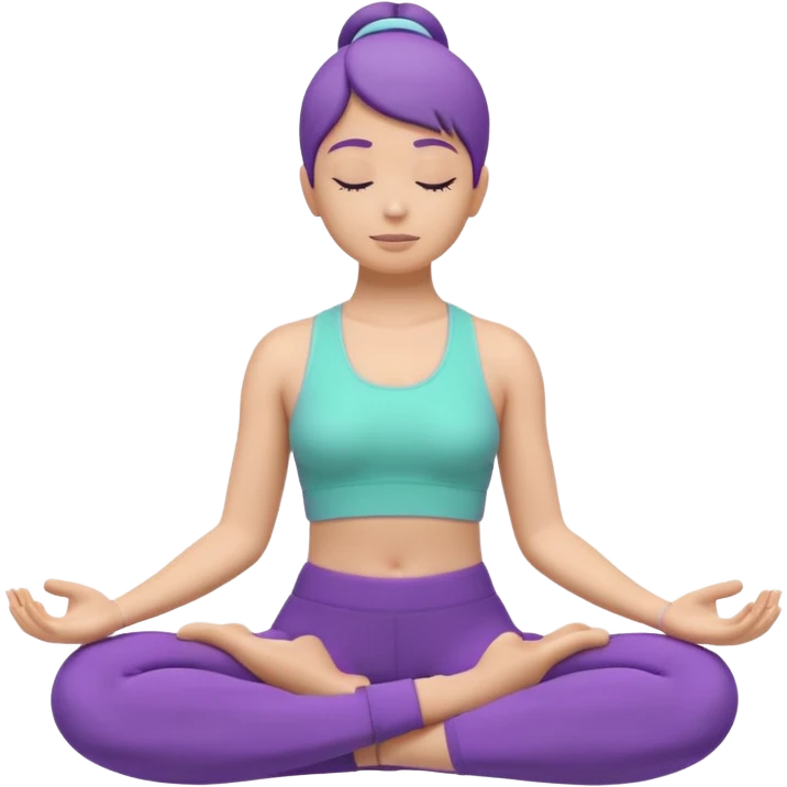 Modern premium 3D emoji icon: faceless gender-neutral person meditating (cross-legged) in sporty activewear, smooth rounded shapes, matte + subtle gloss, top-left studio light, soft shadow, faint halo aura. Purple outfit with a mint (or warm peach) accent. Centered, transparent background, no tex emoji