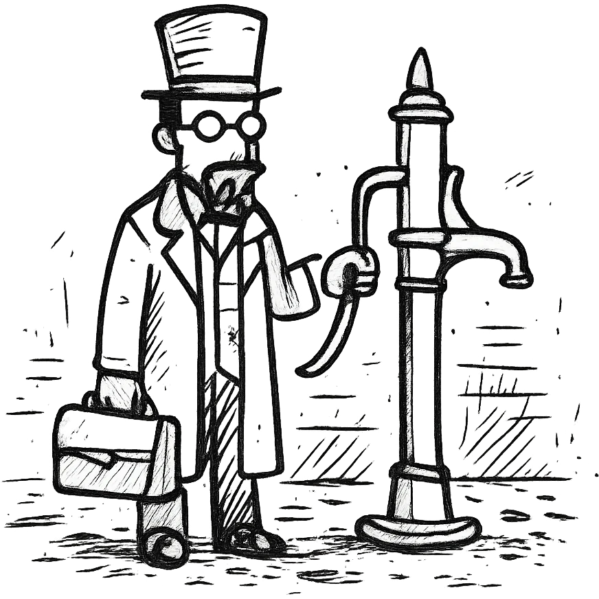 A victorian doctor with a street water pump in a dirty street emoji