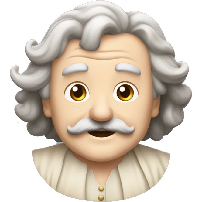 Short pudgy old man over enthusiastic happy excited face bald forehead long wavy gray and brown brunette long wavy hair moustache Shakespearean dress vintage clothes hamlet small arms emoji