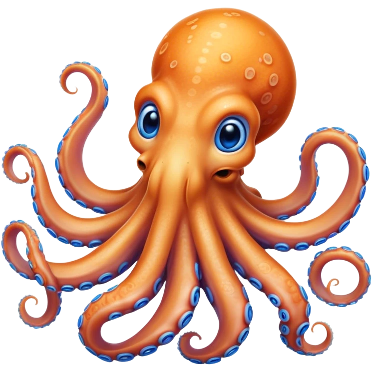 Cinematic Noble smiling Octopus Portrait Emoji, Poised and enchanting, with a light orange body adorned with vibrant blue rings and eight delightfully curling arms with gentle suckers, large sparkling eyes exuding warmth and playfulness, Simplified yet charmingly expressive features, highly detailed, glowing with a soft, magical underwater radiance, high shine, intelligent and irresistibly cute, stylized with an air of whimsical marine enchantment, focused and fluid, soft glowing outline, capturing the essence of a watchful and endearing octopus that appears ready to float out of the screen with delightful charm! emoji